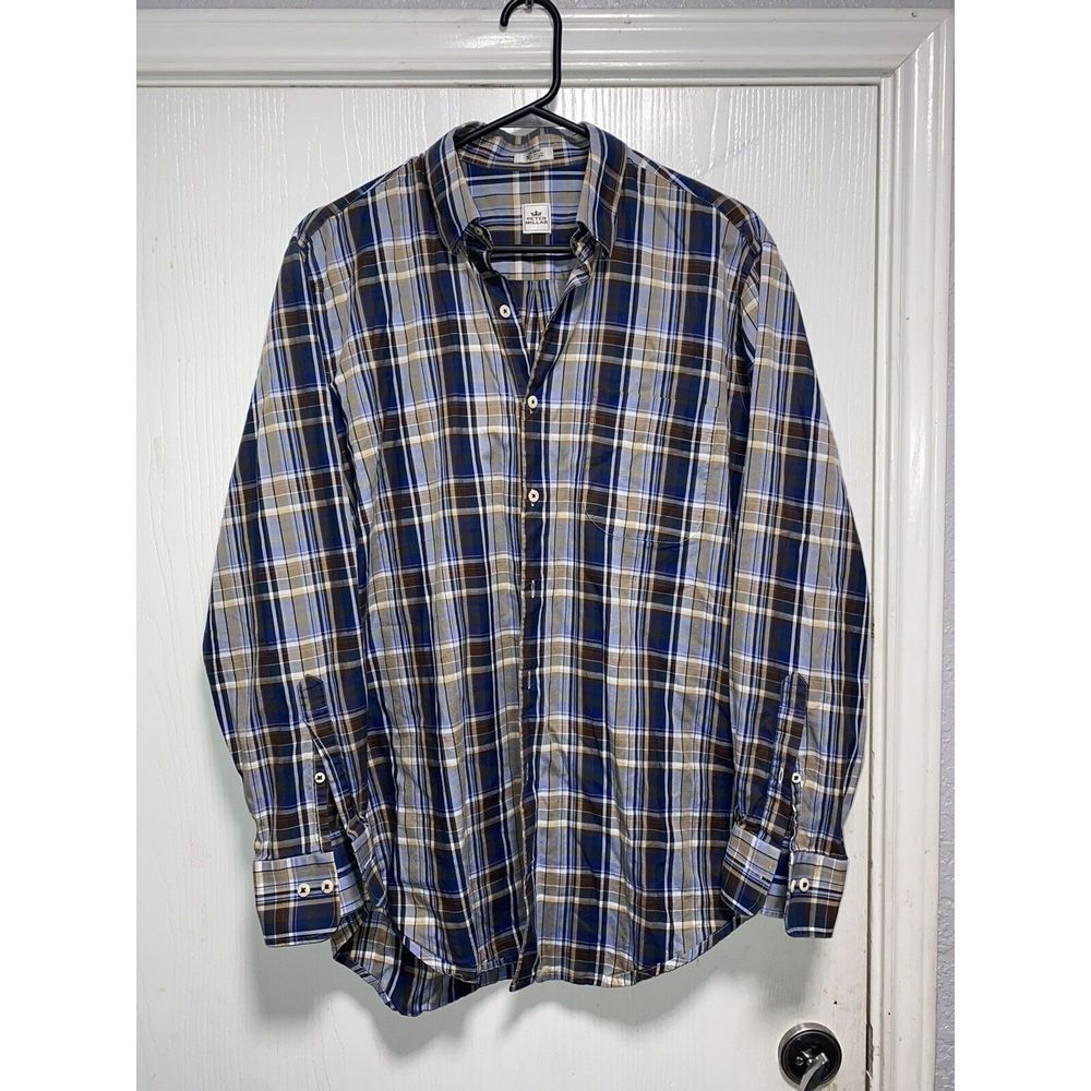 Peter Millar Shirt Mens Medium Plaid Blue Brown Button Down